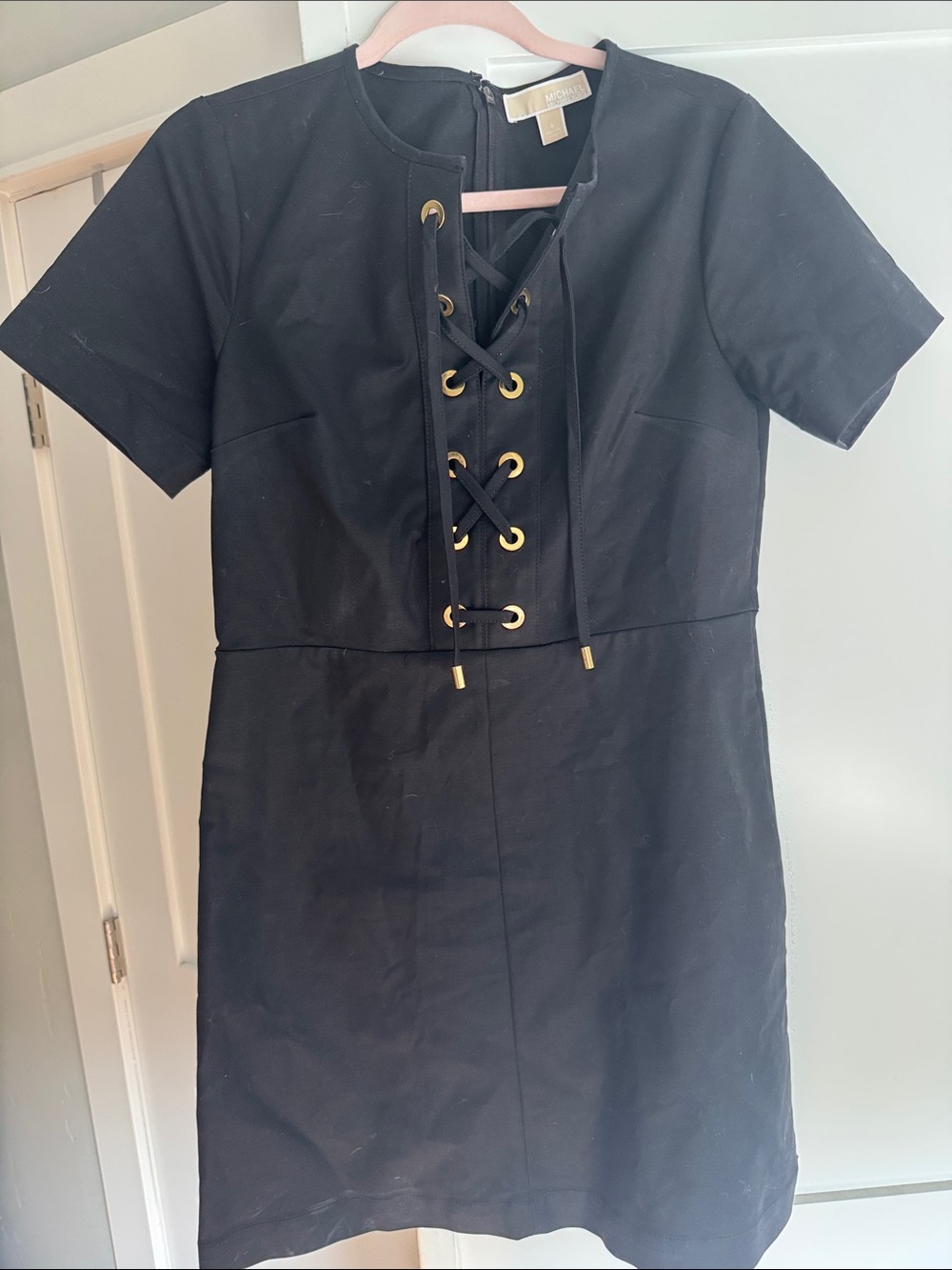 Michael Kors Black Lace-Up Short Dress with Gold Eyelets